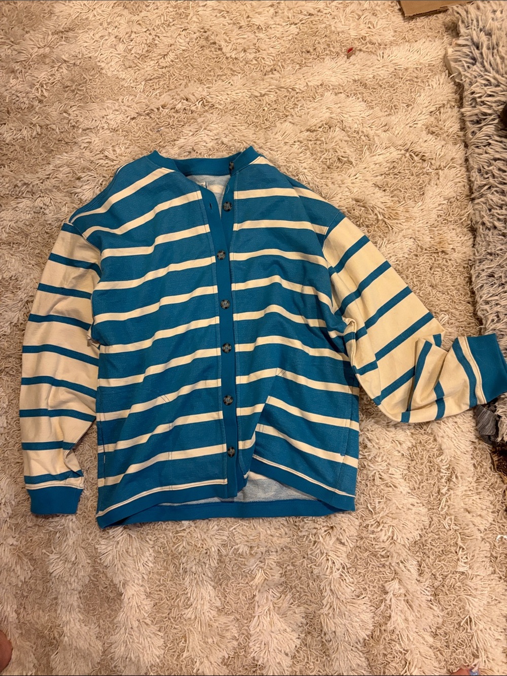 Free People Blue and Cream Striped Button-Front Cardigan
